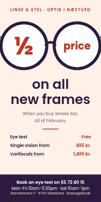 Door poster for an optician — new frames at half price