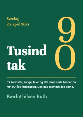 90-års fødselsdag — takkekort med guldtal