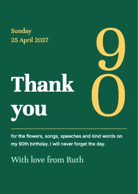 90th birthday — thank-you card with gold numerals