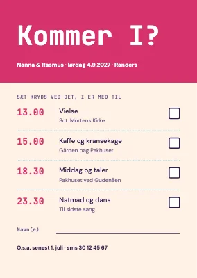 Svarkort — dagens program med afkrydsning