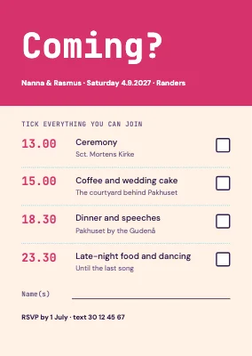 RSVP card — the day’s programme with tick boxes