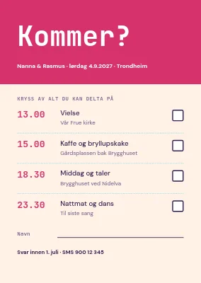 RSVP-kort — dagens program med avkrysningsbokser