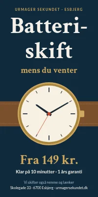 Dørplakat til urmager — batteriskift, mens du venter