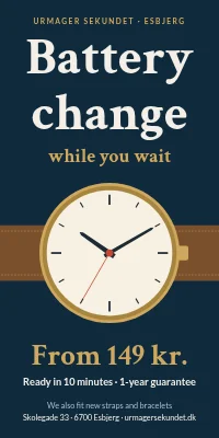 Door poster for a watchmaker — batteries while you wait