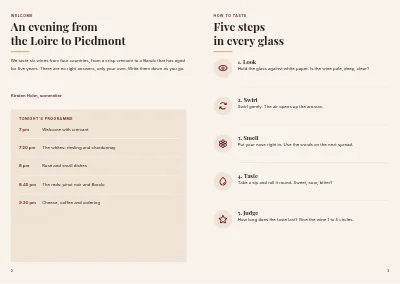 Pages 2–3 of Tasting booklet for a wine tasting – 16 pages