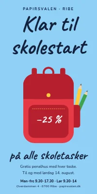 Dørplakat til papirhandel — skolestart med tilbud på skoletasker