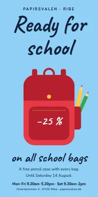 Door poster for a stationery shop — back to school, school bags on offer