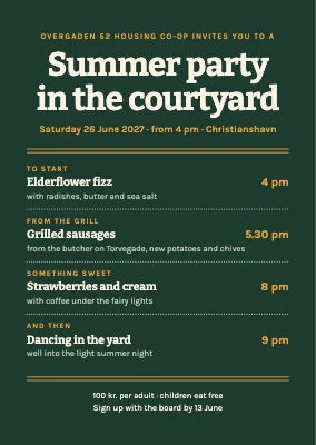 Courtyard summer party — menu-card invitation