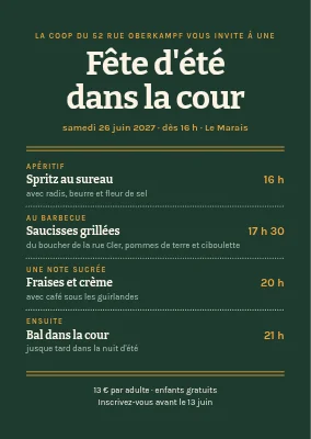 Fête d'été en cour intérieure — invitation sous forme de carte de menu