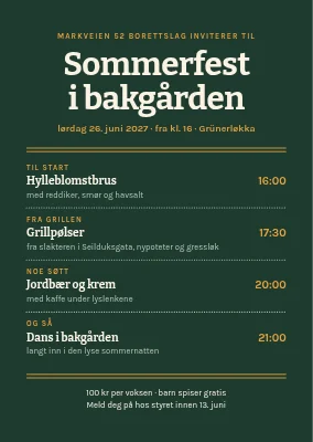 Sommerfest i bakgården — invitasjon med menykort