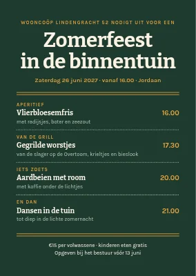Zomerfeest op de binnenplaats — uitnodiging met menukaart