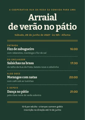 Festa de verão no pátio — convite em formato de ementa