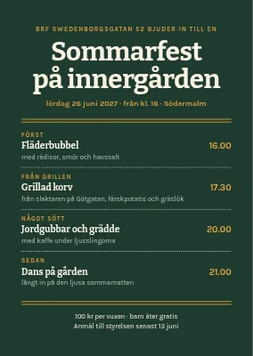 Sommarfest på gården — inbjudan med menykort