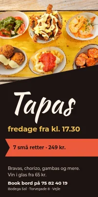 Dørplakat til restaurant — tapas-aften fredag