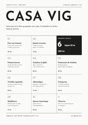 Tapasbar — menukort i gitter