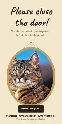 Door poster for a shop — close the door, the shop cat lives here