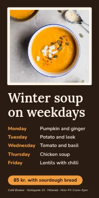 Door poster for a café — winter soup on weekdays