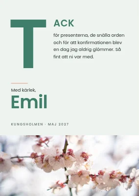 Tackkort — stort T och plommonblom