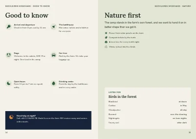 Pages 14–15 of Brochure for glamping in the forest – 16 pages