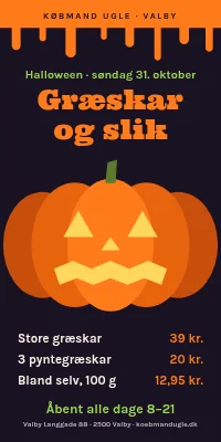 Dørplakat til købmand — græskar og slik til halloween