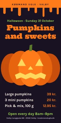 Door poster for a grocer — pumpkins and sweets for Halloween