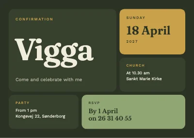 Confirmation — typographic tiles in moss and brass