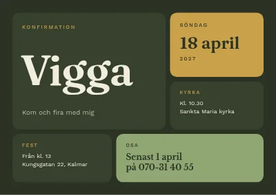 Konfirmation — typografiska rutor i mossgrönt och mässing