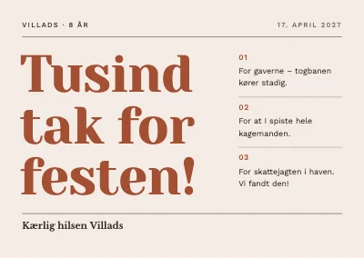 8-års fødselsdag — takkekort med nummereret tak