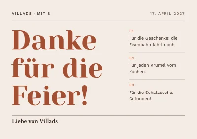 Achter Geburtstag — Dankeskarte mit nummeriertem Dank