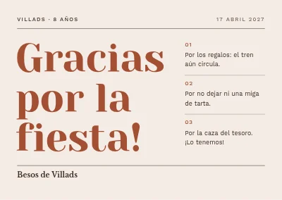 Octavo cumpleaños — tarjeta de agradecimiento con agradecimientos numerados
