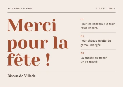 Huitième anniversaire — carte de remerciement avec remerciements numérotés