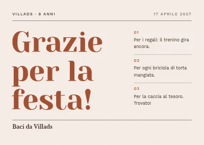 Ottavo compleanno — biglietto di ringraziamento con ringraziamenti numerati