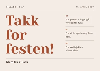 Åttende bursdag — takkekort med nummerert takk