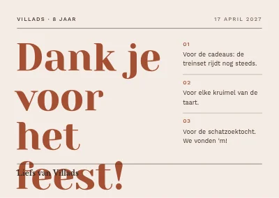 Achtste verjaardag — bedankkaartje met genummerde bedankjes