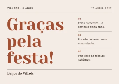 Oitavo aniversário — cartão de agradecimento com agradecimentos numerados