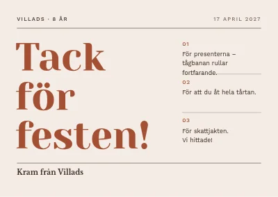 8-årsdag — tackkort med numrerade tack