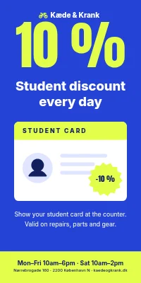 Door poster for a bike shop — 10 % student discount every day