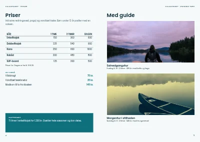Side 4–5 af Brochure til kajak- og bådudlejning – 8 sider