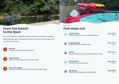 Pages 2–3 of Brochure for kayak and boat hire – 8 pages