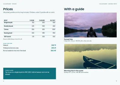 Pages 4–5 of Brochure for kayak and boat hire – 8 pages