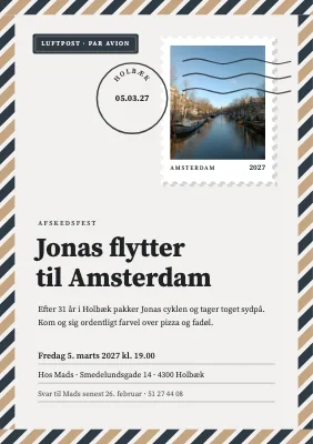 Afskedsfest — luftpost til Amsterdam