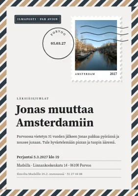 Läksiäisjuhlat — lentopostia Amsterdamiin