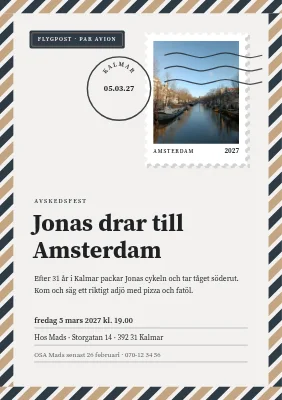 Avskedsfest — flygpost till Amsterdam