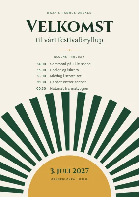 Velkomstskilt — festivalbryllup med solstråler