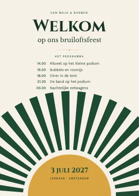 Welkomstbord — festivalbruiloft met zonnestralen