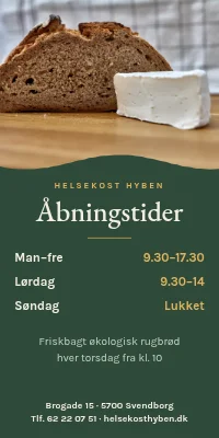Dørplakat til helsekostbutik — åbningstider