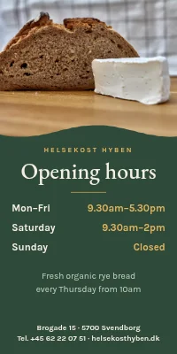 Door poster for a health food shop — opening hours