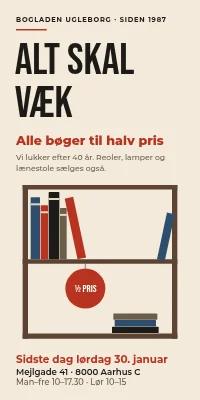Dørplakat til boghandel — ophørsudsalg, alt skal væk