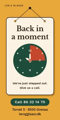 Door poster for a shop — back in a moment, with a clock