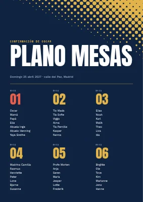 Confirmación — plano de mesas deportivo con puntos de trama